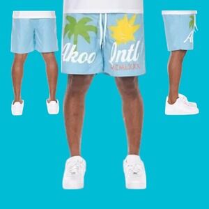 AKOO Men's Voyage Short, Blue Grotto, Large 2XL 8" Inseam Palm‎ Tree Sun Images